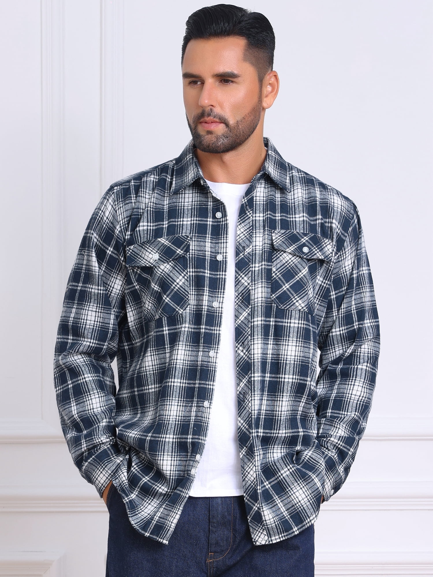 DARING DIVA Men's Contrast Color Slim Fit Long Sleeved Button Down Shirts 2XL Navy White