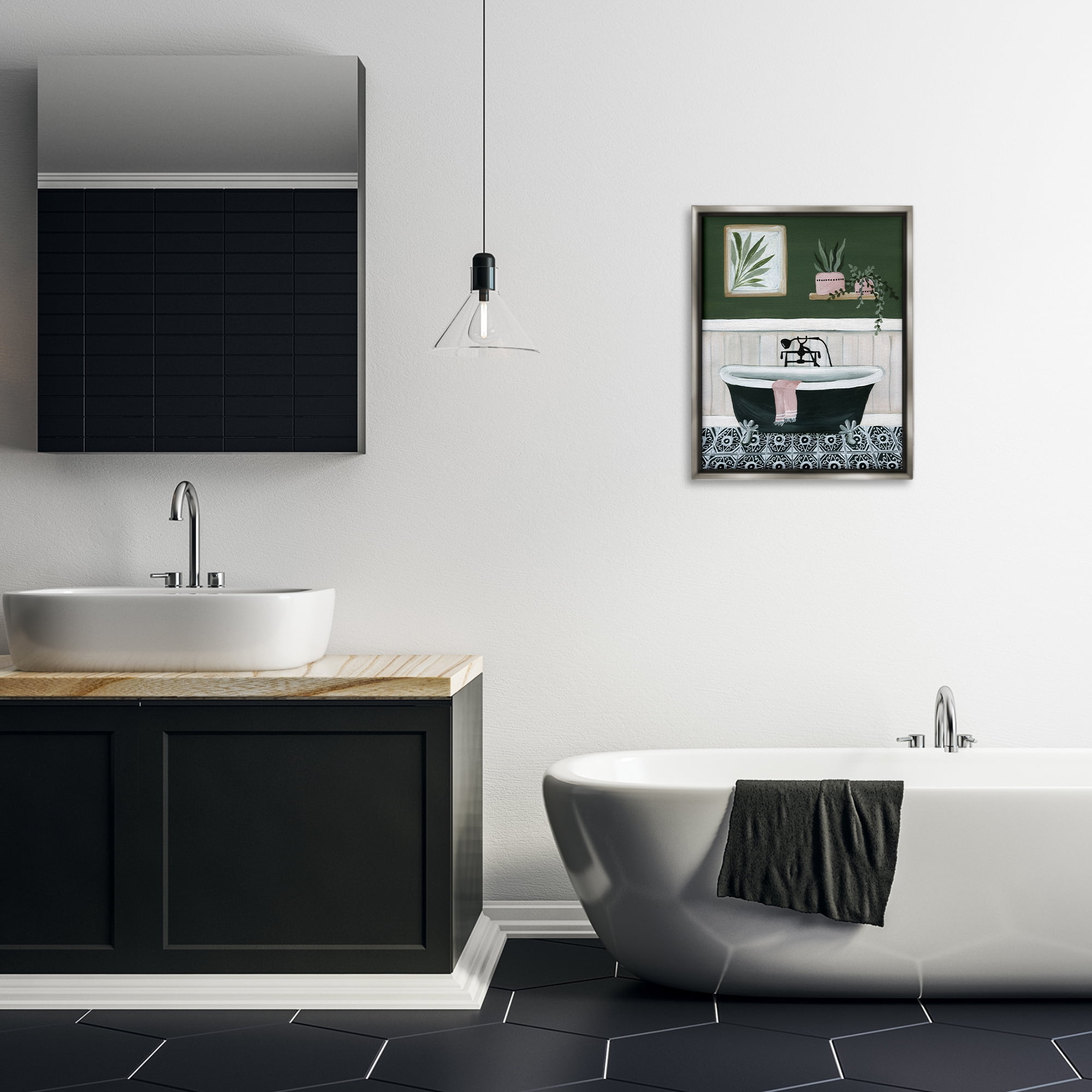 Stupell Industries Green Bathroom Scene Typography Painting Gray Floater Framed Canvas Art Print Wall Art, 17 x 21