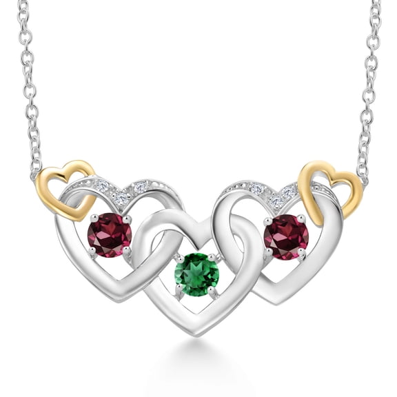 Gem Stone King 925 Silver and 10K Yellow Gold Green Nano Emerald Red Rhodolite Garnet and White Lab Grown Diamond Heart Shape Pendant Necklace for Women (1.10 Cttw, with 18 inch Chain)