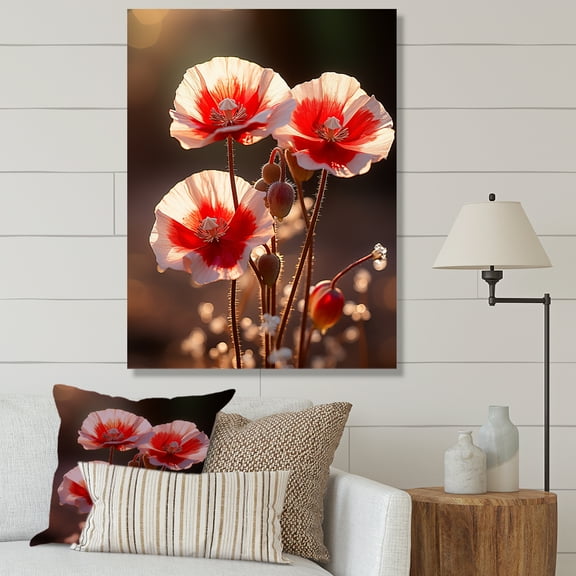 Designart "Radiant Glow of Gilded Poppy Essence II" Floral Canvas Wall Art - Traditional Red Poppies Hallway Wall Art Decor