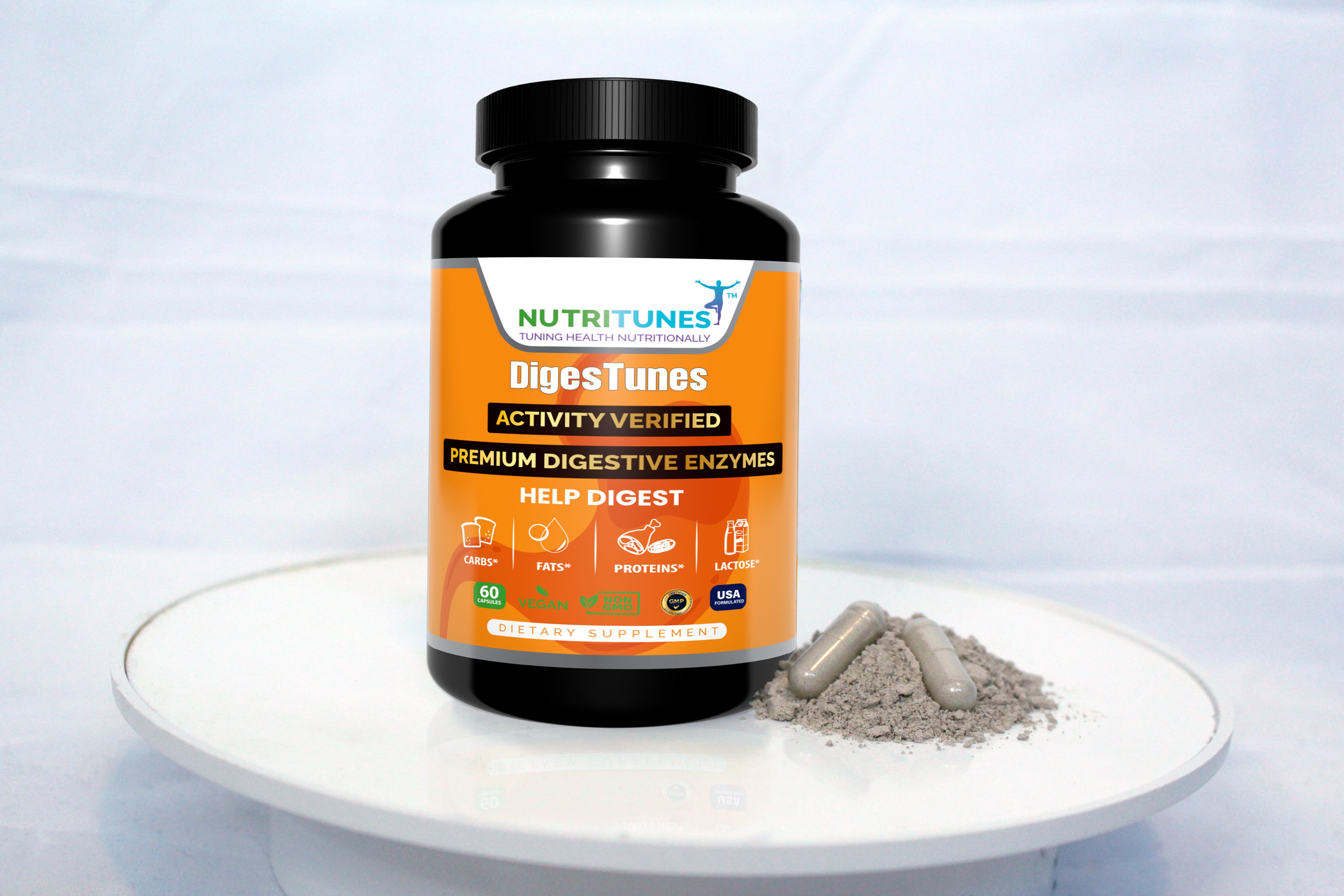 Nutritunes Vegan DigesTunes (60 Capsules) | Premium Digestive Enzymes Helps Digest Carbs, Fats, Proteins, & Lactose - Non-GMO, GMP-Certified, and Allergen Free
