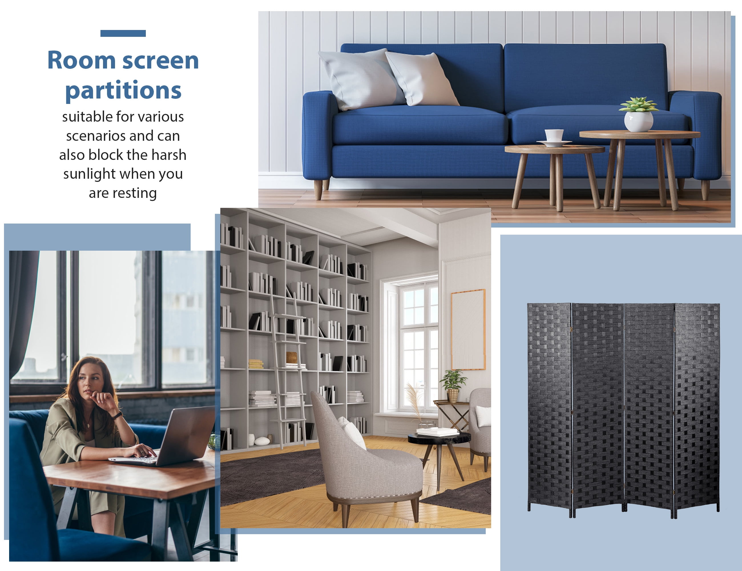 CL.HPAHKL 4 Panels Room Divider and Folding Privacy Screen, 6 ft Tall Wood Mesh Hand-Woven Design Wall Divider, Partition Room Dividers for Home Office Restaurant Bedroom