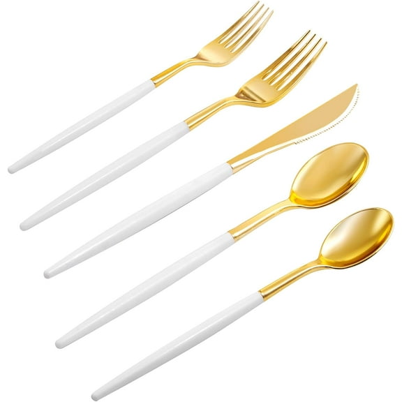 96 Pcs Gold Plastic Silverware, Gold Plastic Utensils with White Handle, Cutlery Set Disposable Includes: 32 Knives, 32 Plastic Spoons And 32 Forks for Wedding And Party