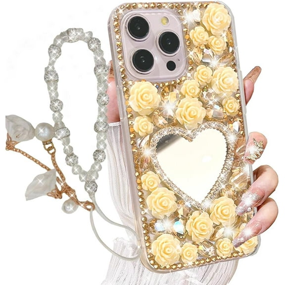 for iPhone 16 Pro Max Case Bling Diamond Case with Flower Strap, Glitter Sparkle Girly Heart Makeup Mirror Rhinestone 3D Pearl Rose Wrist Lanyard Bracelet Cover for iPhone 16 Pro Max (Gold)