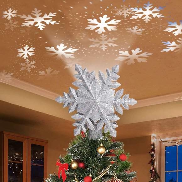 Dg-Direct Christmas Tree Topper Lighted With Silver Snowflake Projector Led Rotating Magic Snowflake 3D Hollow Glitter Lighted Silver Snow Tree Topper For Christmas Tree Decorations