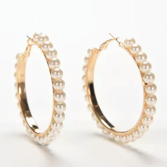 GKNET Women Charm Faux Pearl Earings Chic Beads Gold Plated Ear Hoop Circle Earring-White