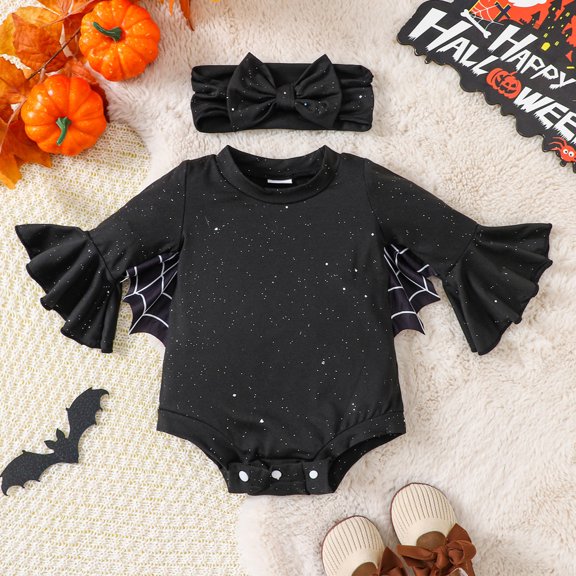 ENFLASH Newborn Baby Girls Flared Sleeve Halloween Outfit Black Bat Bodysuit Jumpsuit Headband Clothes