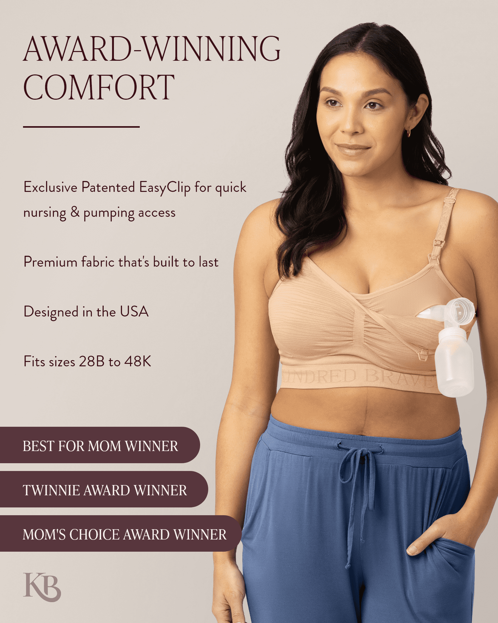 Kindred Bravely Sublime Pumping Bra Hands Free, Adjustable Pumping & Nursing Bra with EasyClip for all Breast Pumps (Beige, Large)