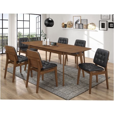 JERFIT 7-Piece Mid-Century Modern Dining Set with Extension Leaf, Walnut Finish Table and Black Faux Leather Chairs for 6