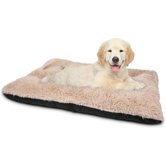 Dog Bed Crate Pad, Deluxe Plush Washable Dog Beds Fulffy Soft Kennel Pad Anti-Slip Pet Sleeping Mat for Small Dogs,23" x 18", Beige