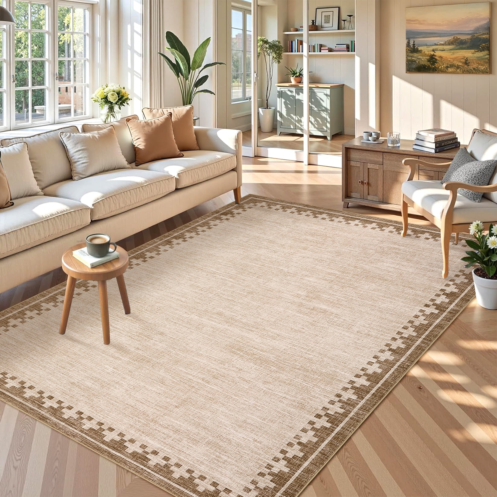 COZONY 10'x13' Modern Bordered Extra Large Area Rug, Non-Slip Washable Low Pile Carpet for Spacious Rooms, Linen