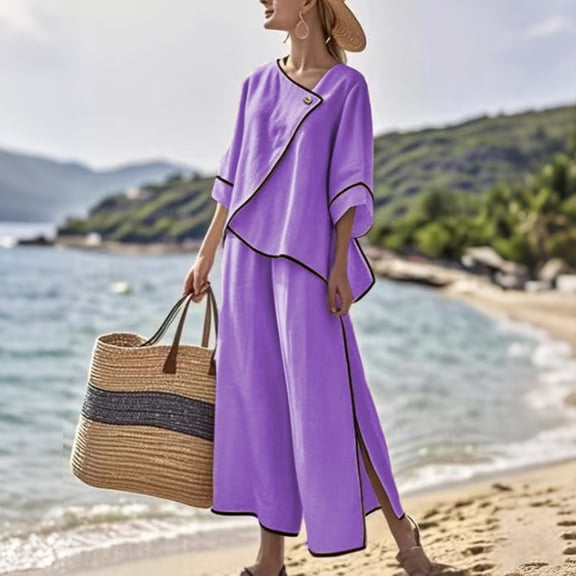 HongQid Women's 2 Piece Lounge Sets Casual Short Sleeve Pullover Tops Matching Wide Leg Pants Palazzo Pants Beach Summer Flax Tracksuit Set