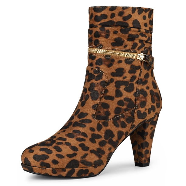 Botas Tobillo Cremallera Tacón Alto Media Pierna Leopardo 25cm