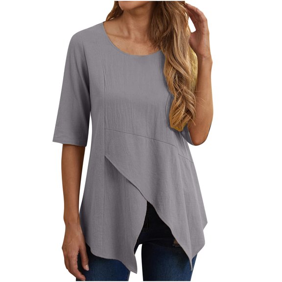 Wycnly Womens Shirts Casual Solid Irregular Hem Cotton Linen Pullover Tunic Tops Summer Elbow-Length Crewneck Ladies Plain Tops and Blouses Gray m