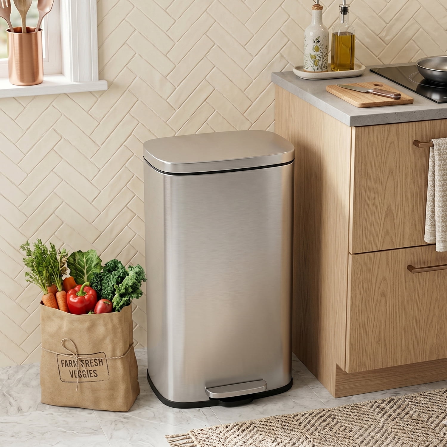 8 Gallon/30 L Kitchen Step Trash Can with Lid Brushed Stainless Steel Garbage Can with Plastic Inner Bucket Metal Pedal Waste Bin, Silver