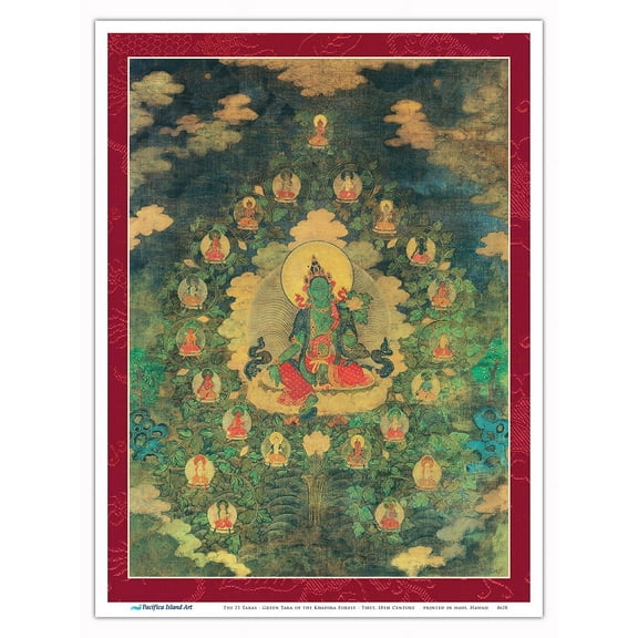The 21 Taras - Green Tara of the Khadira Fragrant Forest - Vintage Tibetan Thangka Buddhist Painting - Tibet, 18th Century - Master Art Print (Unframed) 9in x 12in