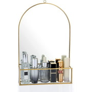DDER Gold Round Circle Arc Wall Mirror with Display Shelf, Round Arc Vanity Mirror with Metal Shelf, Glass Wall Mirror with Storage Holder Shelf Hanging for Bathroom, Bedroom, Entryway(12.4 inches)