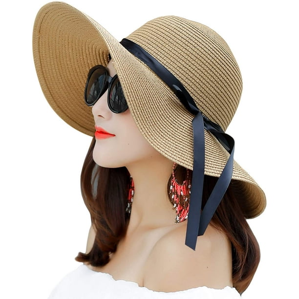 Womens Wide Brim Straw Sun Hat Floppy Foldable Roll Up Cap UPF 50+