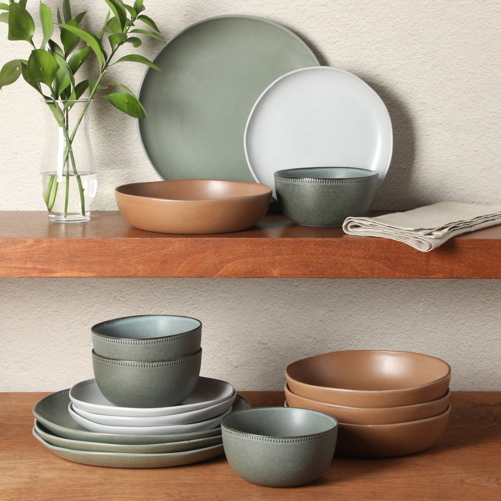 Gibson Elite Menlo Park 16-Piece Pottery Clay Stoneware Dinnerware Set – Assorted Colors Reactive Glaze, Embossed Plates and Bowls W/ Pasta Bowl, Service for 4 – Microwave & Dishwasher Safe