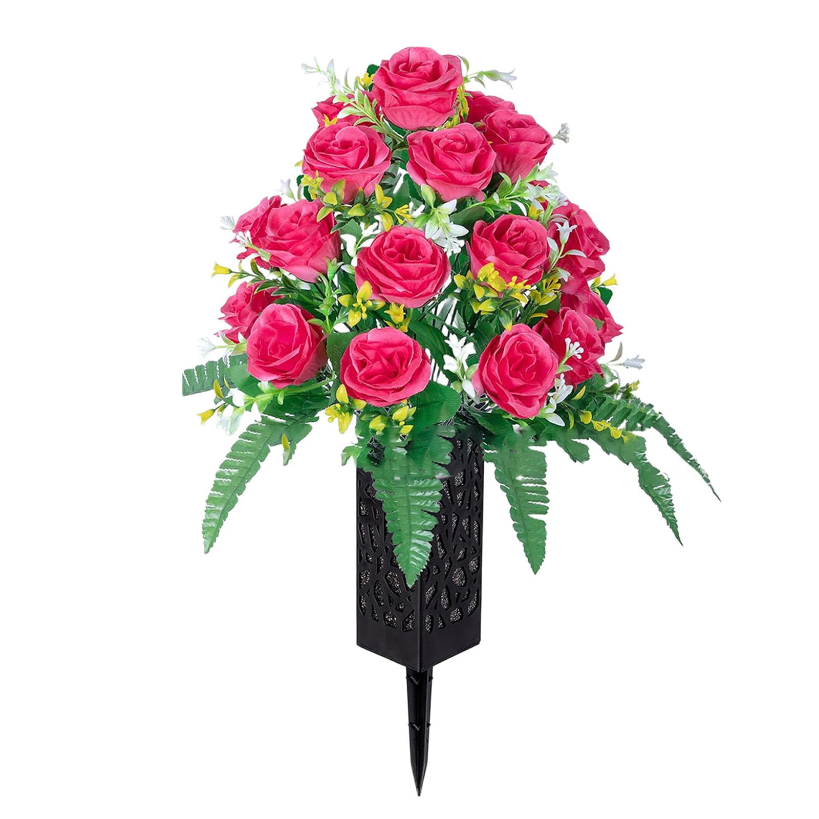 Artificial Cemetery Rose Bouquet with Long Nail Vase Stand, 19.6" Tall Memorial Flowers for Outdoor Decor, Faux Cloth Roses with Foam Insert, Deep Spike for Soft Ground, No Tipping, By Harlik