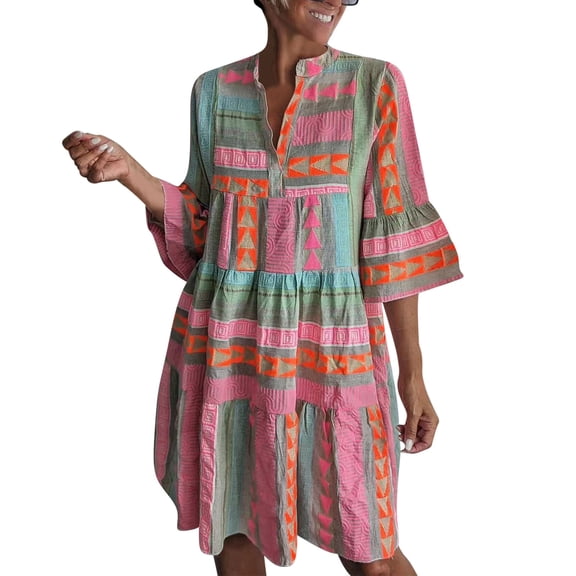 QSAWXQZ Women's Boho Midi Dress 3/4 Bell Sleeve V Neck Loose Tunic Graphic Print Dress Vacation Beachwear Hot Pink L