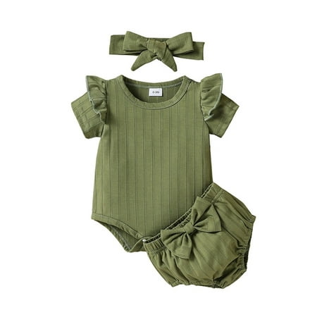 Mevireiy Baby Girl Summer Outfits Ruffle Short Sleeve Romper Tops Bloomer Shorts Headband Green 6-9 Months