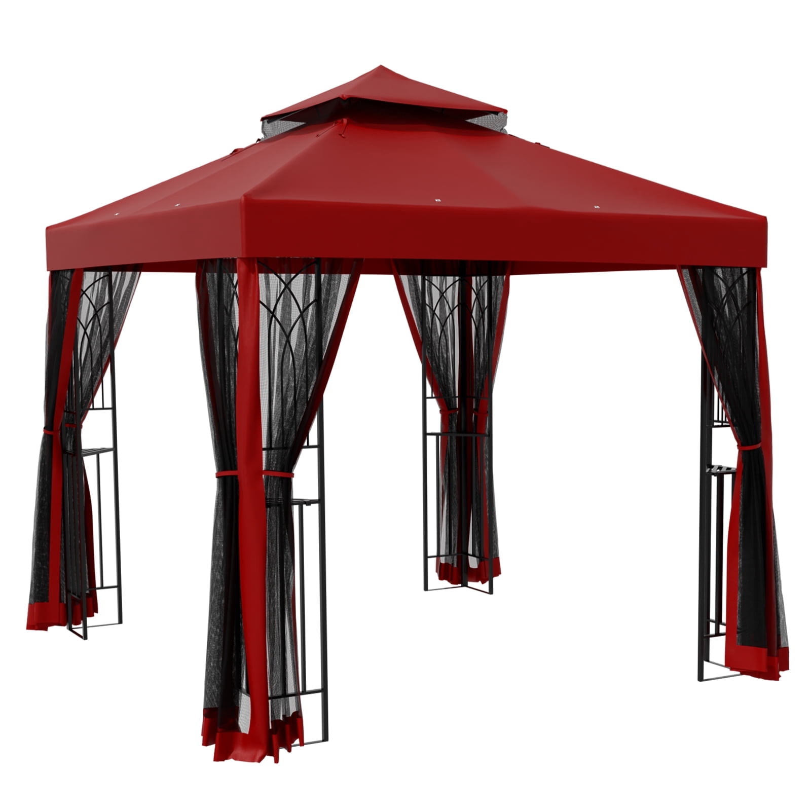 INTER HUT 8x8 Metal Patio Double Soft Roof Gazebo Outdoor Canopy Tent with Netting, Ceiling Hook, Shelves