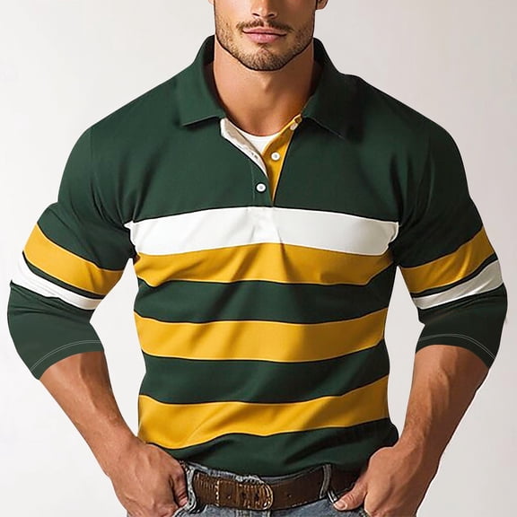 Zivyakyron Fall Polo T Shirts for Men Big and Tall Striped Button Rugby Casual Long Sleeve Shirt Colorblock Collared Green 3XL
