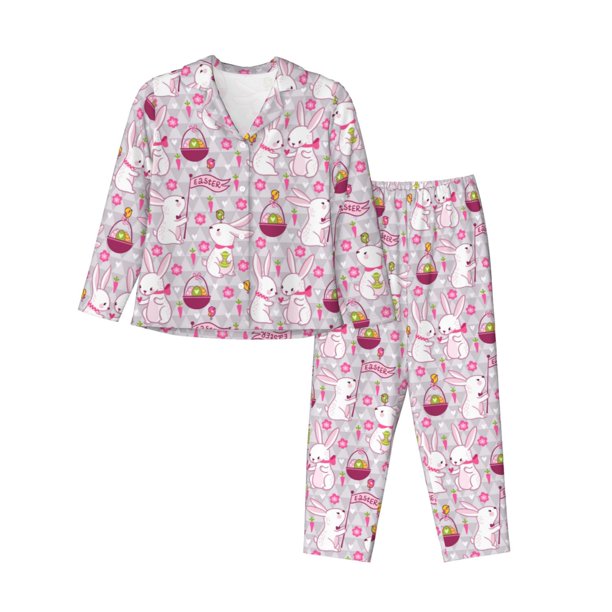 Fotbe Easter Rabbit Conjunto de Pijama de Manga Larga para Mujer con Estampado, Ropa de Dormir de 2 Piezas, Conjunto de Casa Suave y Cómodo con Bolsillos-Large