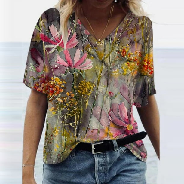 ICHUANYI Clearance Women's Fashion Casual Plus Size Scenic Flowers Printing Round Neck T-Shirt Tops(Pink, XL) ICHUANYI WER2023080706043