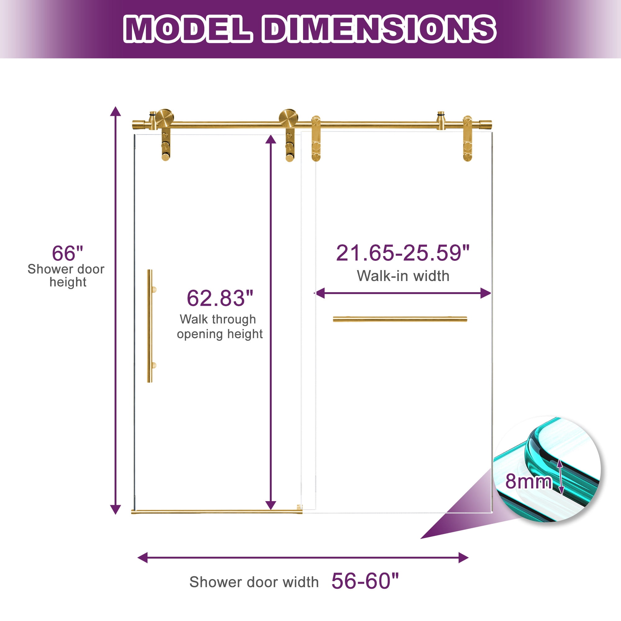 MAYEERTY 60x66 Frameless Sliding Bathtub Shower Door, Stainless Steel Tempered Glass Shower Door with Anti-Water Seal, Gold