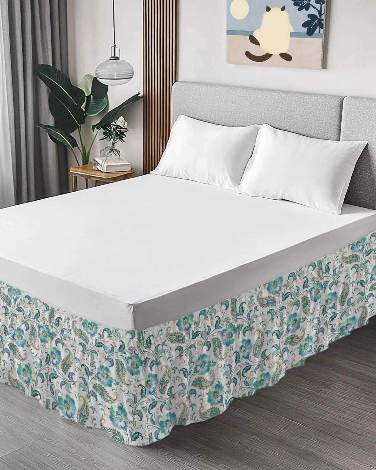 Teal Paisley Floral Wrap Around Bed Skirts for Queen Bed 16" Drop,Bed Skirt with Adjustable Elastic Belt Dust Ruffle Bed Valance for Bedroom Hotel Luxury Boho Ethnic Tribe Traditional Bed Frame Cover