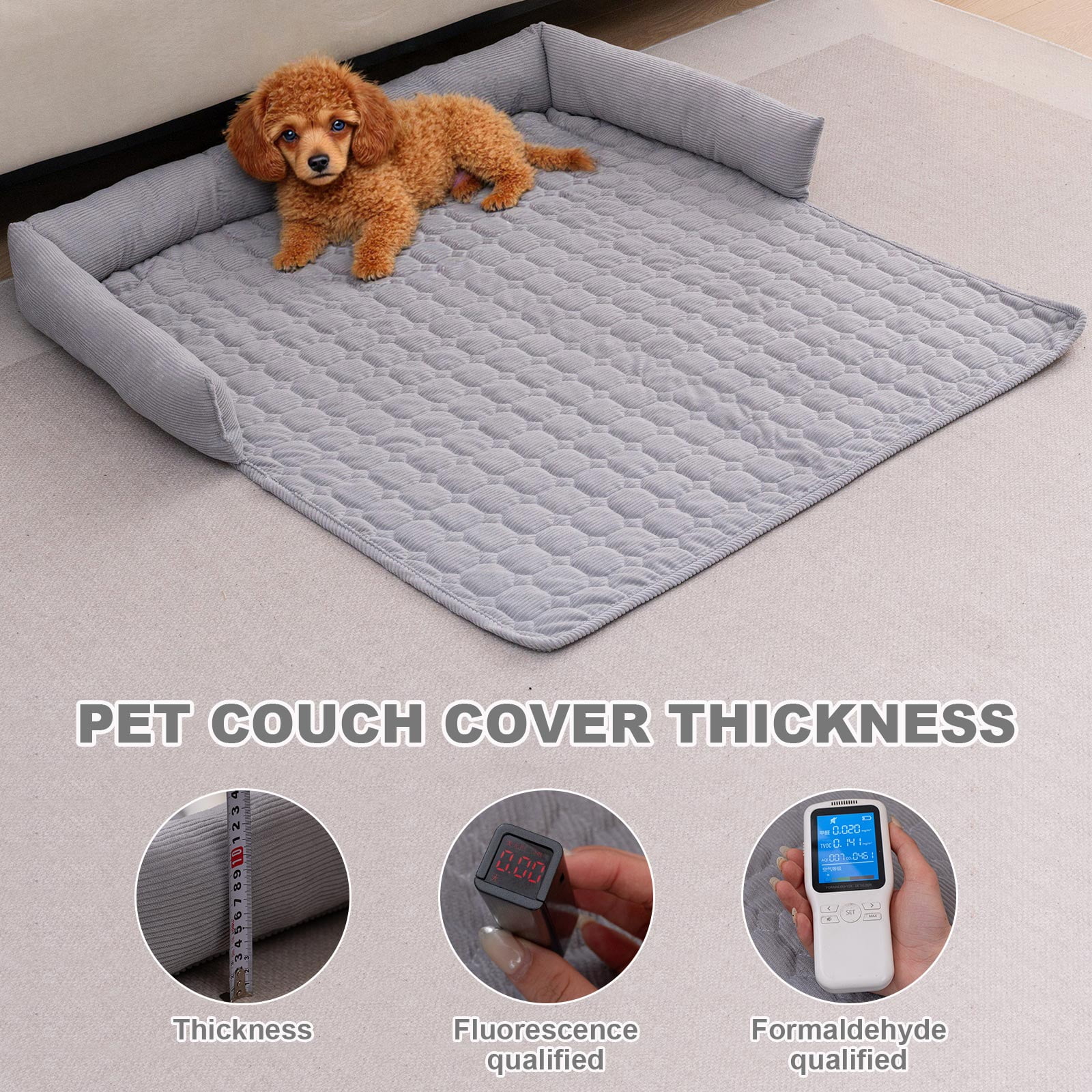 Eurhowing Dog Couch Cover 36"x36", Corduroy Dog Bed Mat for Couch with 3 Side Dog Pillow, Washable Sofa Cover Pet Furniture Protector for Dogs&Cats, Light Gray