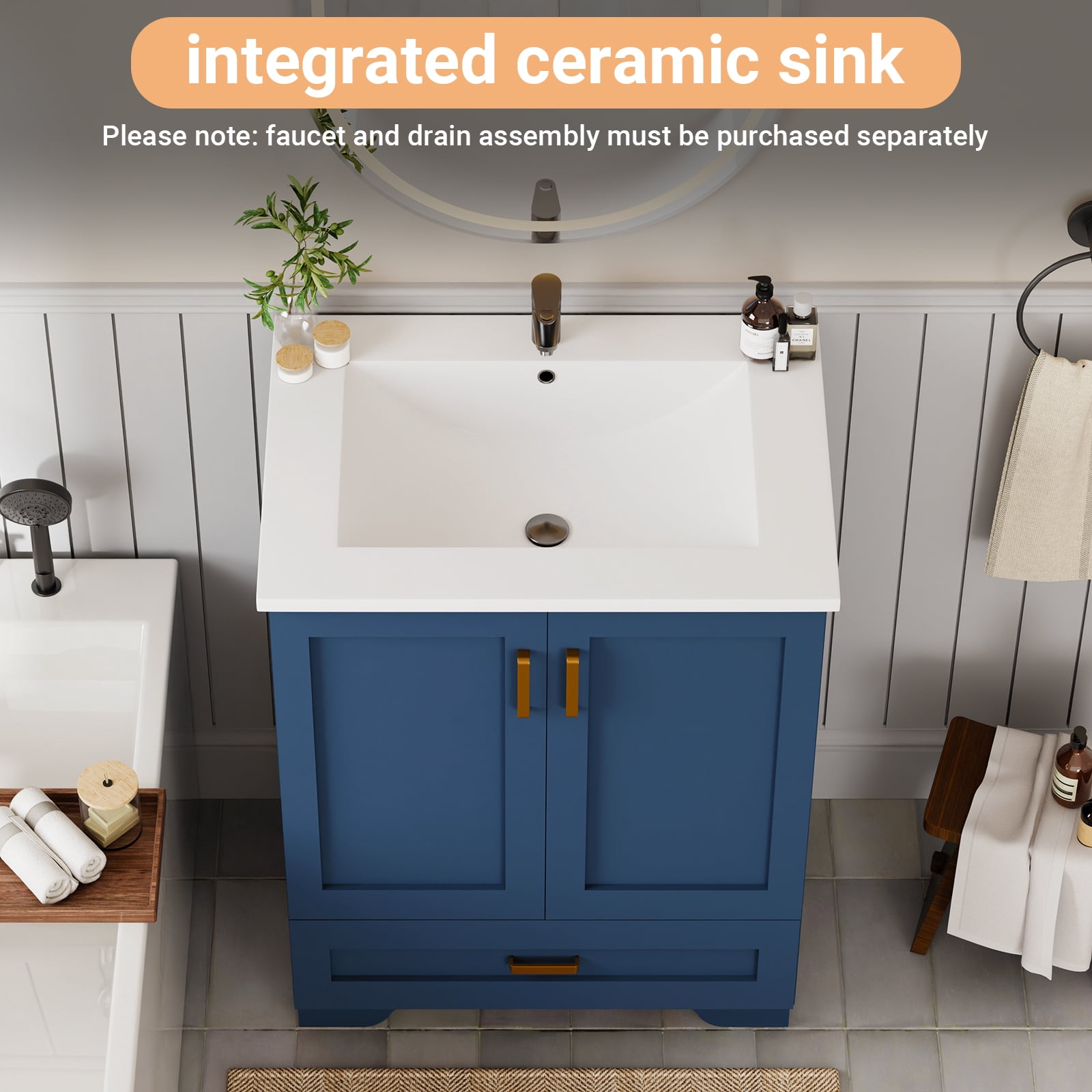 KZElegy 24" Bathroom Vanity with Ceramic Sink Freestanding Vanity Sink Cabinet with 2 Door & 1 Drawer,Blue