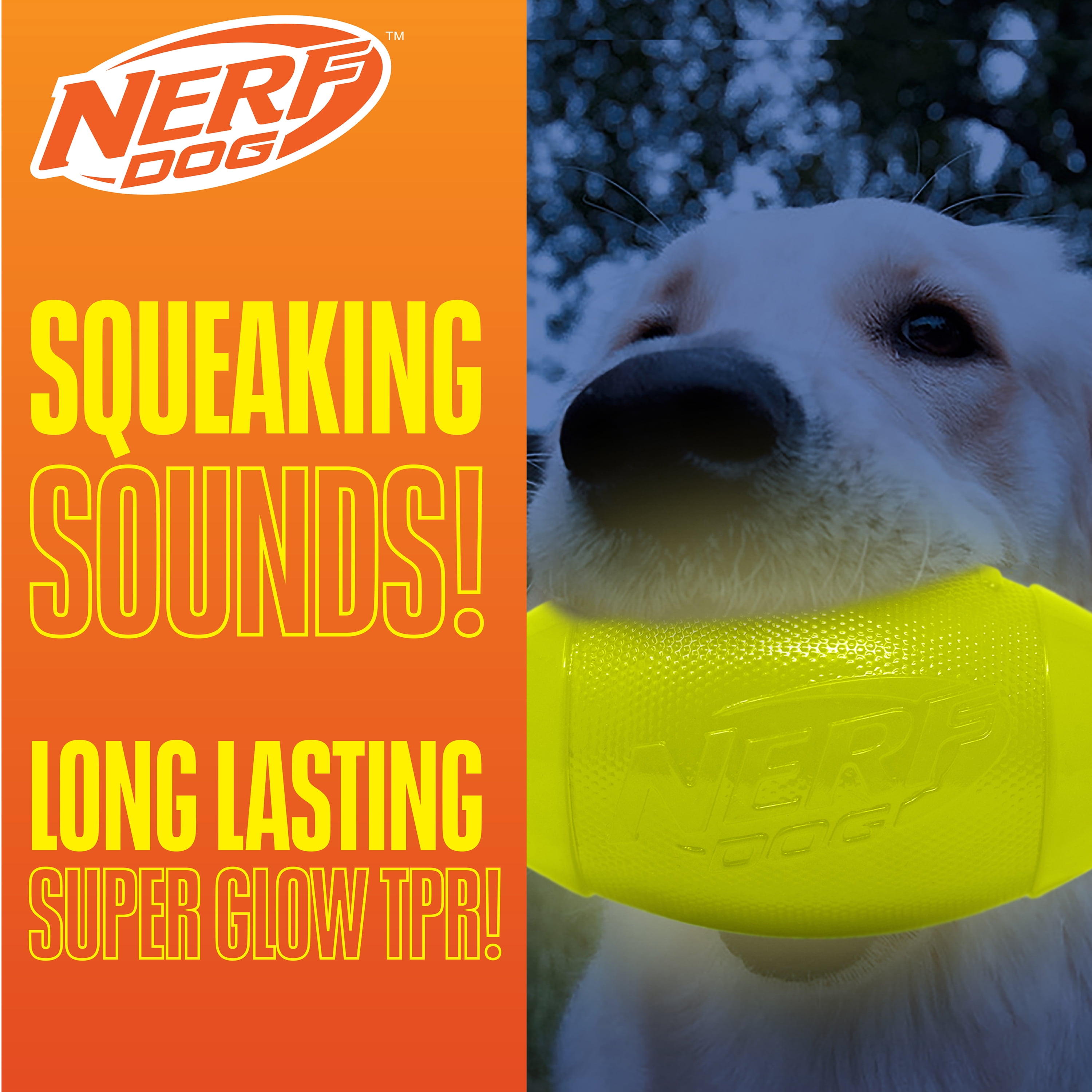 Nerf Dog TPR Glow Squeak Football, 7 inch