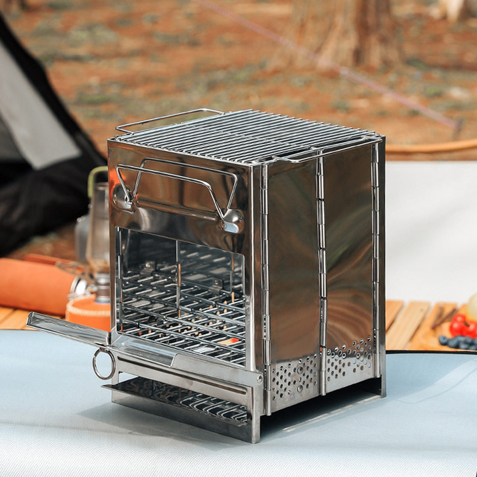 Nhthy Outdoor Portable Barbecue Stove, Stainless Steel Folding Camping Grill, Mini Charcoal Wood Burning Stove, Dual-Purpose Outdoor Heater and BBQ Silver