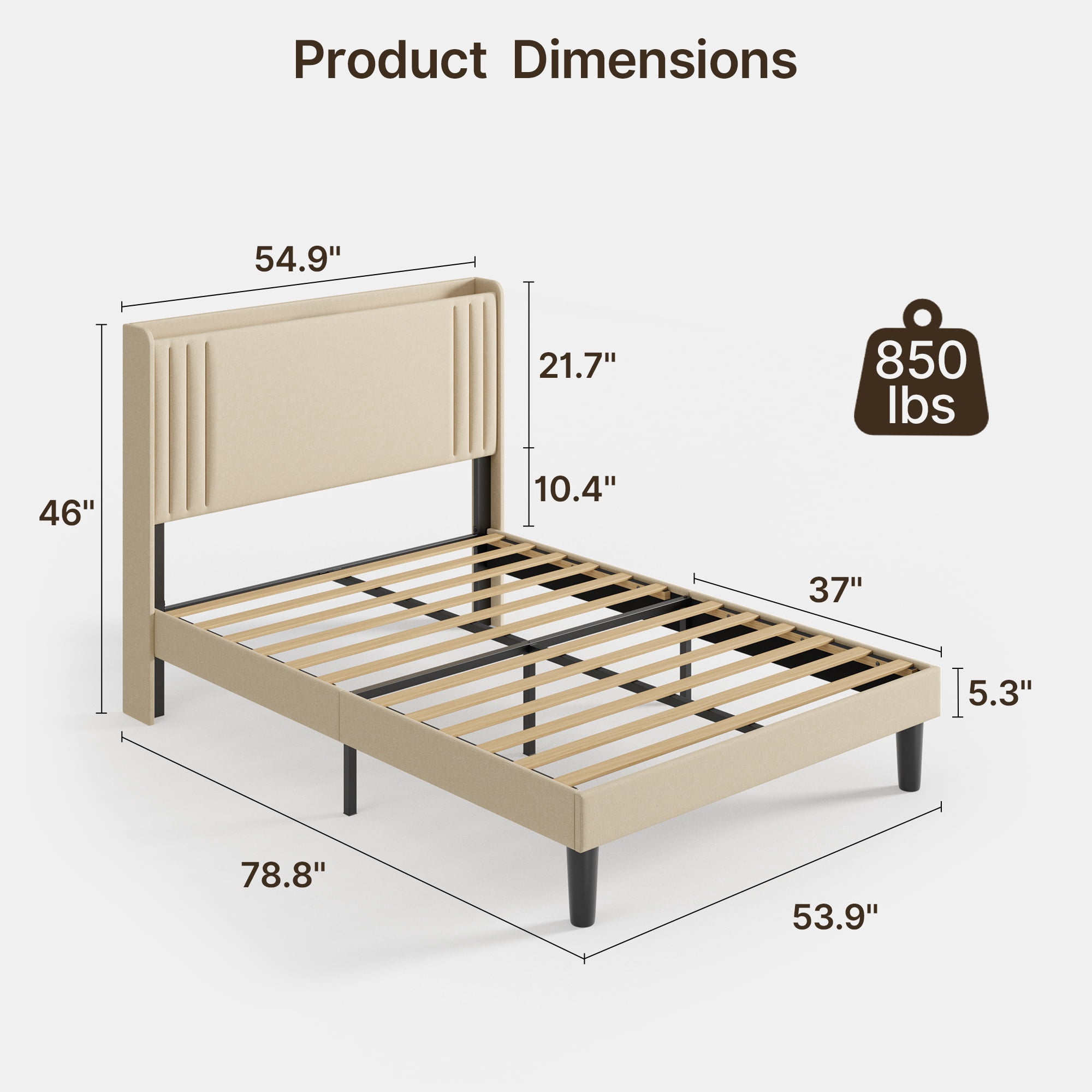 Asofer Full Bed Frame w/Upholstered Wingback, Wood Slats, Charging Station & LED Lights, Beige