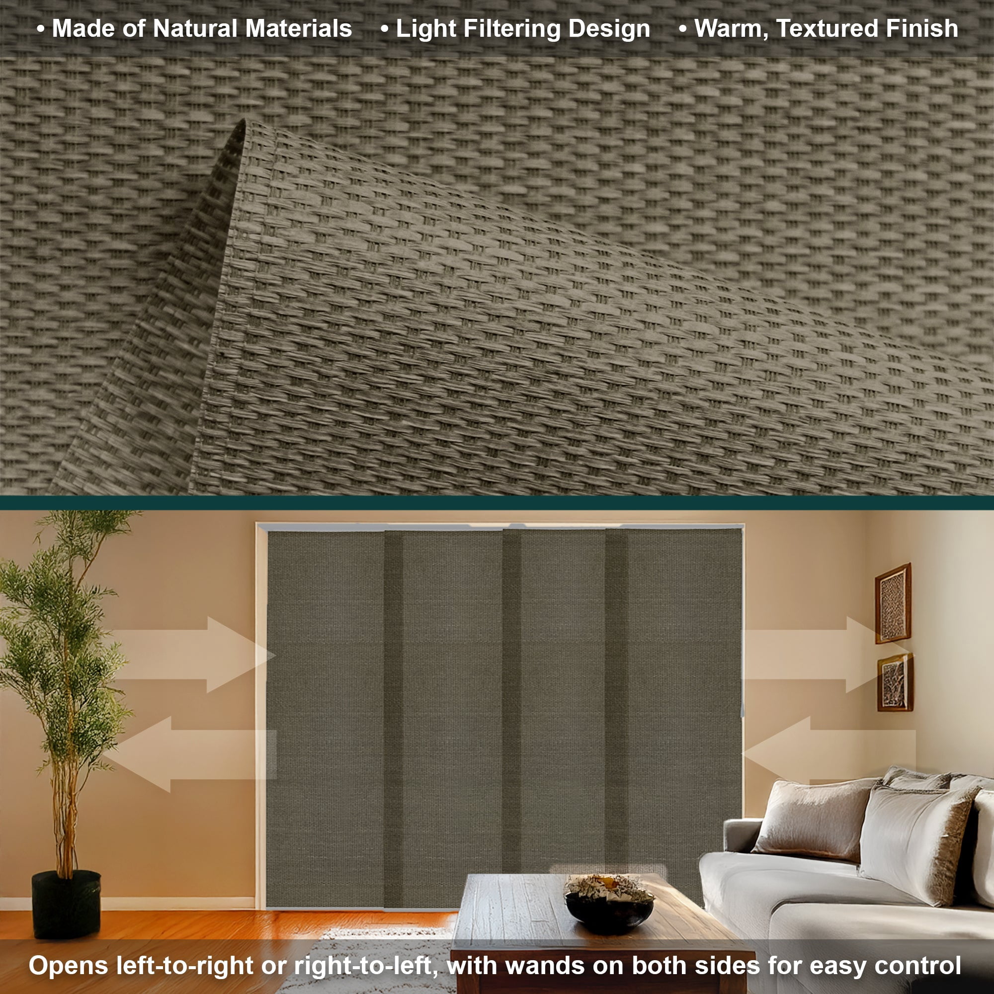 Chicology Adjustable Sliding Panel Blinds. Woven Oolong, 46"-86"W X 0"-96"H