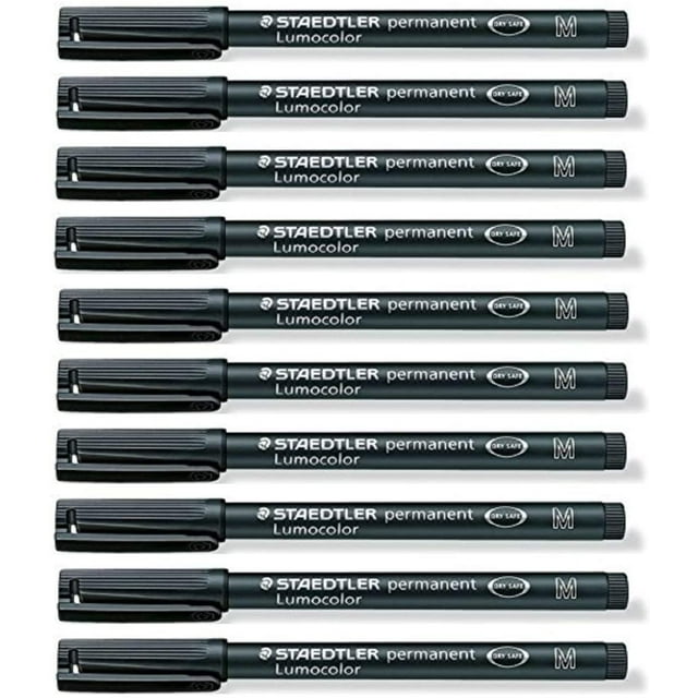 Rotuladores permanentes medianos Staedtler Lumocolor negro, paquete de 10, impermeables, resistentes a las manchas, de secado rápido, Cd Dvd Ohp