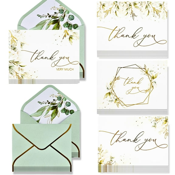 REGAL DECORATIONS Luxury 100 Pack Thank You Cards with Envelopes Bulk, Sage Green And Gold Foil Stamped -5x3.5 Inches.Blank Thank You Notes, Baby Shower Thank You Cards, Bridal Shower, Small Business