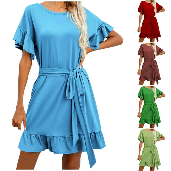 Kmdttou Womens Casual Short Sleeve Summer Waist Tie Double Layer Ruffle V-Neck Bandage Tunic Solid Dress,Chic Day Dresses for Ladies Summer Wear