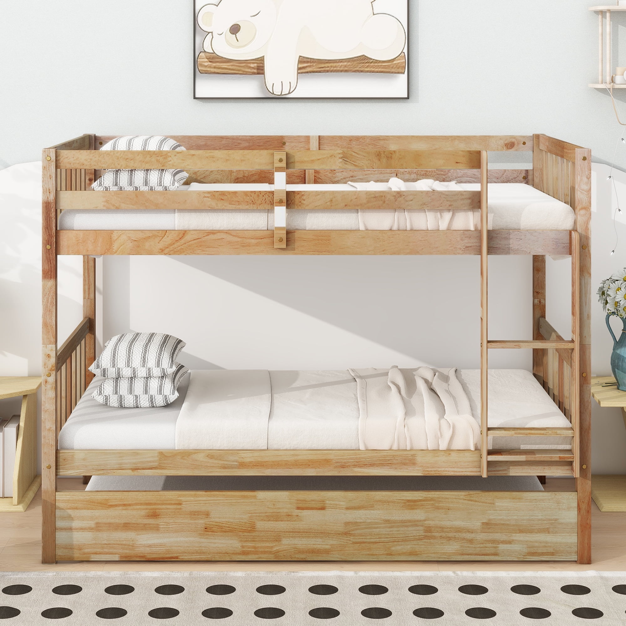 Sailvan Bunk Bed Twin Over Twin,Convertible into Two Twin Size Beds, with Ladder and Safety Guardrails,Rubber Wood