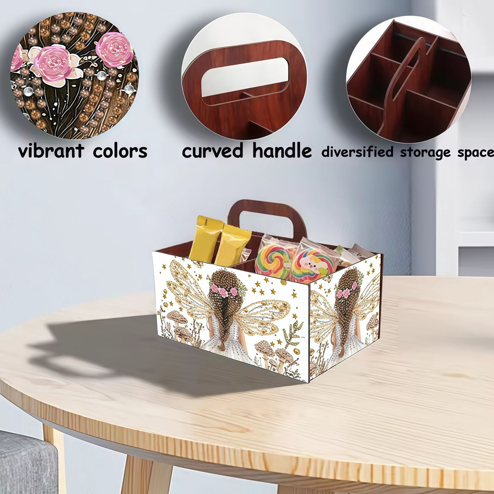 FLOPESN DIY Fairy Diamond Art Painting 5 compartments Wooden Storage Box, 9.44*8.14in, Practical Rectangular Assembly Portable Multi-Grid Box