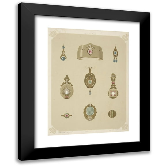 Martin Gerlach 11x14 Black Modern Framed Museum Art Print Titled - Nine Designs for Jewelry, Including Pointed Gold Bracelet with Red Stone and Diamonds. (1872 - 1873)