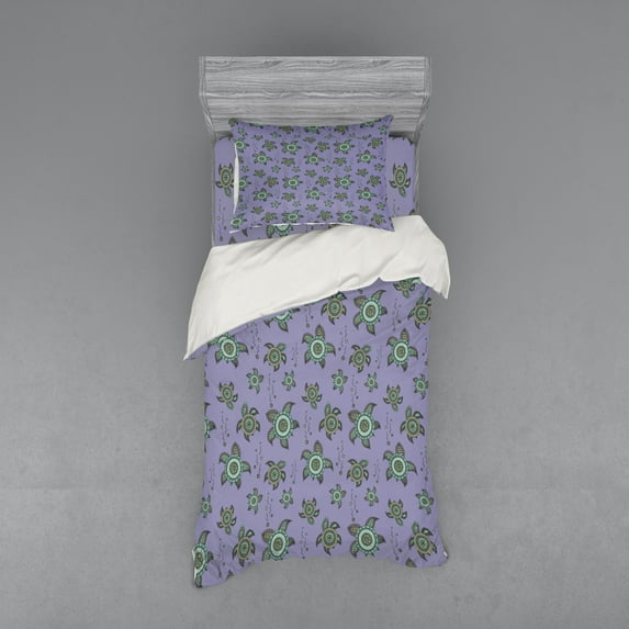 Turtle Duvet Cover Set, Abstract Underwater Animals with Doodle Designs Nautical Wildlife Pattern, Bedding Set with Shams and Fitted Sheet, 3 Sizes, by Ambesonne