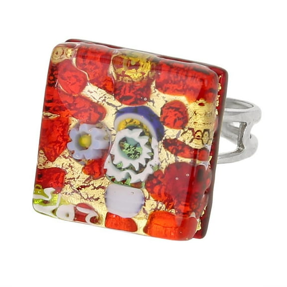 GlassOfVenice Murano Glass Venetian Reflections Square Adjustable Ring - Red Gold
