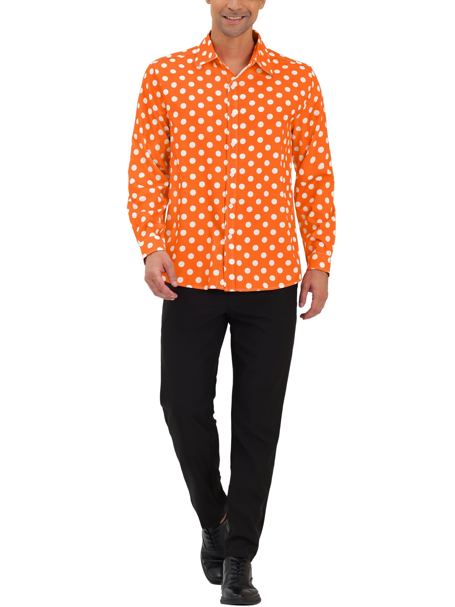Unique Bargains Men's Long Sleeve Button Slim Polka Dots Shirt 46 Orange