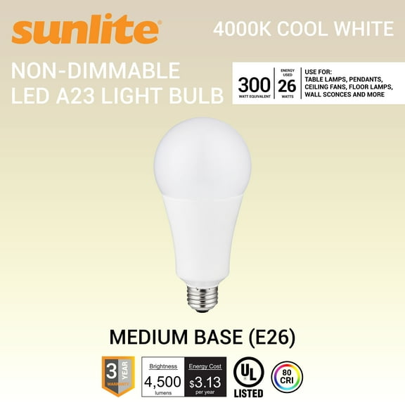 Sunlite LED A23 Light Bulb, 26 Watts (300W Equivalent), Medium E26 Base, 4000 Lumens, Non - Dimmable, UL Listed, 4000K Cool White, 1-Pack