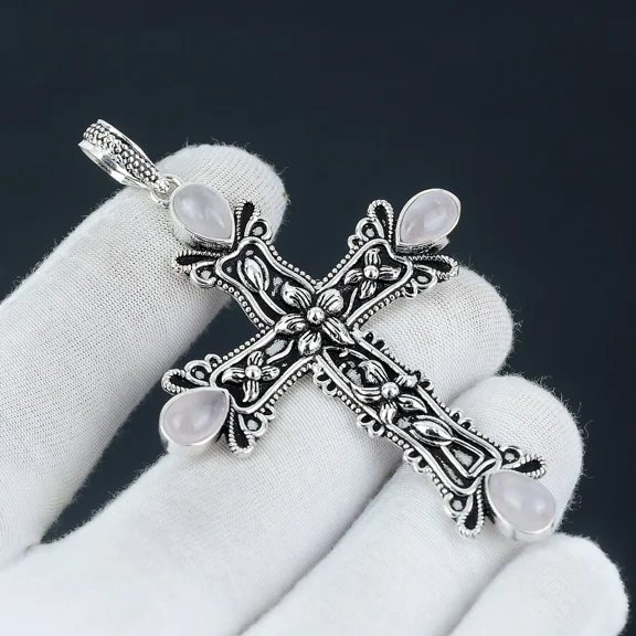 925 Sterling Silver Polished Natural Rose Quartz Gemstone Handmade Jewelry Cross Pendant
