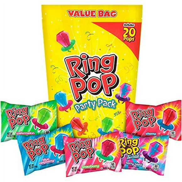 Ring Pop Individually Wrapped Back to School Bulk Lollipop Variety Party Pack 20 Count Lollipop Suckers w/ Assorted Flavors - Fun Candy/Supplies for School Treats & Care Packages